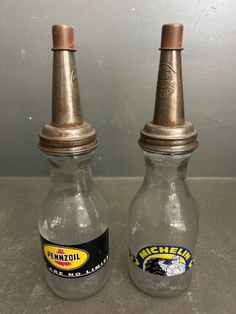 2x Quart Glass Oil Bottles - (Michelin and Pennzol)