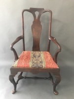 Queen Anne 18th Century Fiddle Back Elbow Chair with Boxwood Marquetry