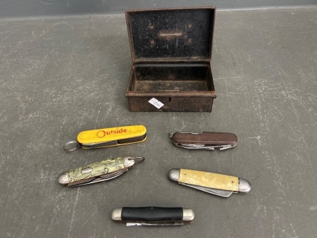 Selection of 5 Pocket Knives in Vintage Metal Box