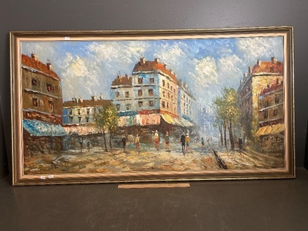 Oil on Board European Village Scene Signed Burnett