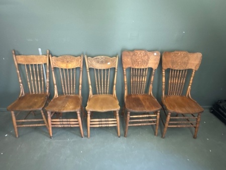 5 Antique Canadian Maple & Oak Hand Crafted Crest Back Dining Chairs in excellent condition