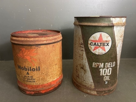 2 Vintage Oil Tins - Mobil Oil A (4gal), Caltex ROM Delo with oil (5gal)