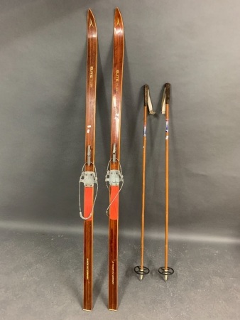Pair of Vintage Timber & Bamboo Norwegian Snow Skis & Poles
