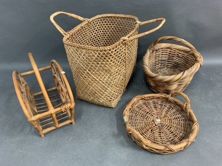 3 Cane & Wicker Baskets + Cane Mag Rack