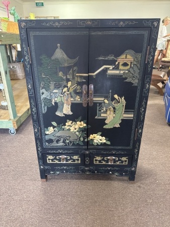 Vintage Black Lacquered Hand Painted & Carved Side Cabinet