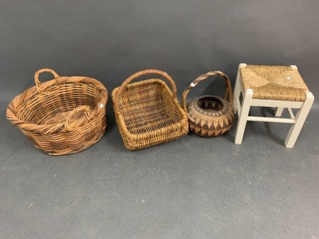2 Wicker Baskets & 1 Buka Basket + Small Rush Seated Stool