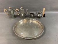 Antique 3 Piece Beaten Pewter Tea Set + Jug + Modern Plated Tray - 3