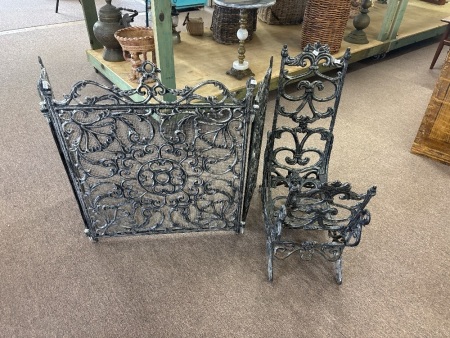 Powder Coated Cast Iron 3 Panel Fireplace Guard with Wood Stacker