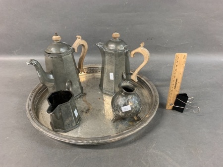 Antique 3 Piece Beaten Pewter Tea Set + Jug + Modern Plated Tray