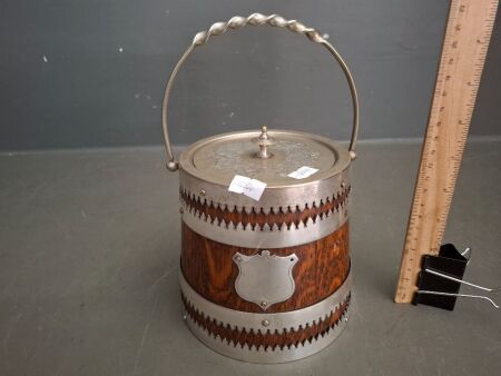 Victorian Oak and Silver Plated Biscuit Barrel Teak - Marked EPNS - No G7888