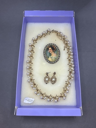 Vintage Faux Pearl with Rhinestones on Gold Toned Necklace - Includes Earrings and Brooch