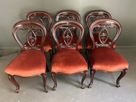 6 Antique Mahogany Balloon Back Dining Chairs with Carved Insert