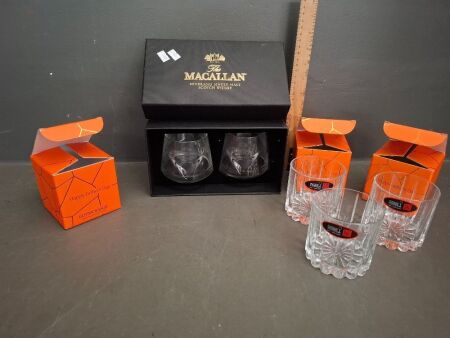 2 Boxed Macallan Whiskey Glasses & 3 Boxed Glenmorangie Whiskey Glasses