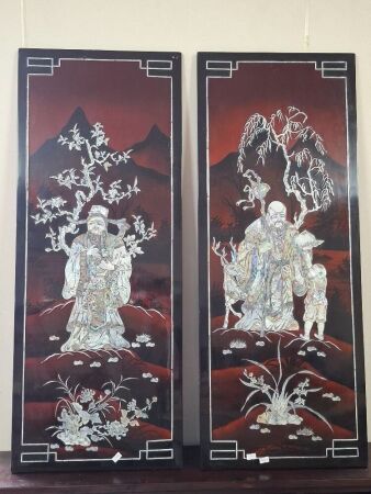 2x Vintage Oriental Lacquered Mother of Pearl Wall Hangings