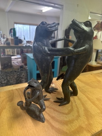 Dancing Frog Verdigris Statue & Accompanist on Saxophone