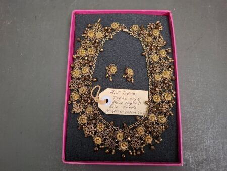 Vintage Oriental Style Brown Crystal Gold Toned Necklace and Earring Set