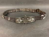 Heavy Antique Afghani Silver Mesh Belt with Repousse Animal Buckle & Motifs