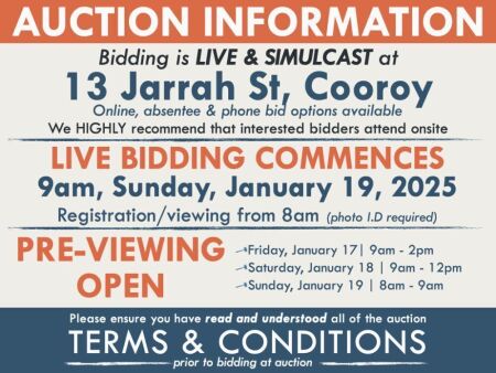 AUCTION INFORMATION: Bidding is live at 13 Jarrah St, Cooroy, 4563 & online via web feed (simulcast) - It is recommended that interested bidders attend the auction onsite | BIDDING COMMENCES: 9am, Sunday, January 19, 2025, Registration from 8am (photo I.D