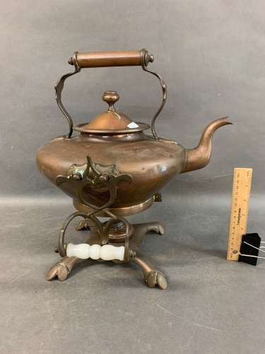 Antique Copper Spirit Kettle with Original Burner and Milk Glass Handles