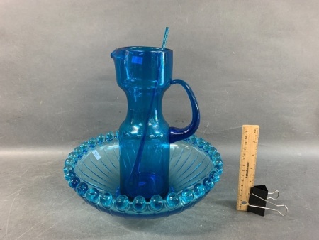 Mid-Century Turquoise Glass Cocktail Jug & Swizzle Stick + Large Ball Edged Bowl