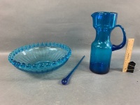 Mid-Century Turquoise Glass Cocktail Jug & Swizzle Stick + Large Ball Edged Bowl - 2