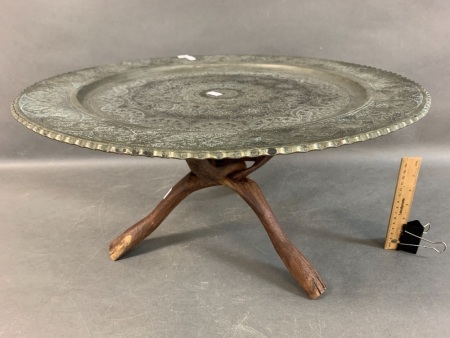 Vintage Incised Brass Tray on Carved Folding Timber Legs