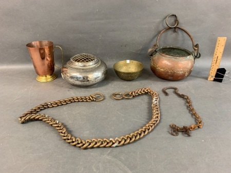 Collection of Vintage Copper & Brass inc. Hanging Pot, Heavy Plaited Copper Chain, Brass Bowl, Plated Rose Bowl & Tankard