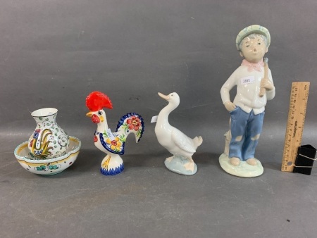 Nao Goose, Rex Boy Figure + Portugese Pottery Cock & Bowls