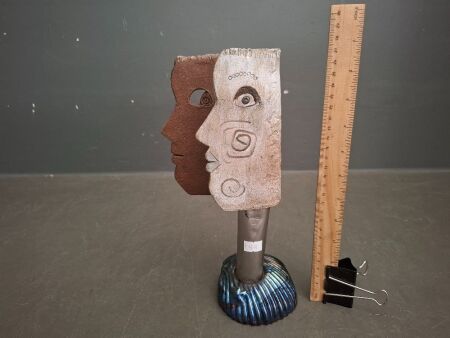 Hand Made Pottery Face with Oil Slick Base Sculpture&nbsp;