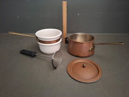 Vintage Copper and Ceramic Double Boiler Rustic Farmhouse Pot