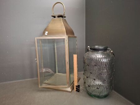 1x Glass Hanging Lantern and 1x Glass Outdoor Metal Leather Wrapped Vase