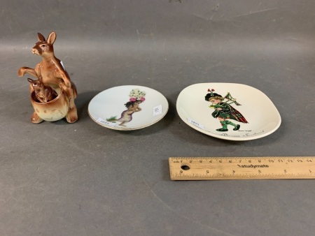 2 Small Brownie Downing Plates + Vintage Kangaroo & Joey Cruet