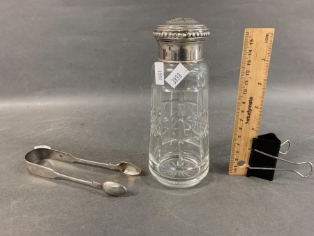 Antique Crystal Sugar Sifter with Sterling Silver Lid + Sterling Silver Sugar Tongs