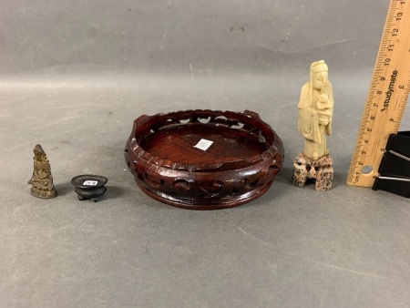Tiny Bronze Deity on Stand, Stone Asian Figure + Timber Pot Stand