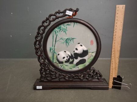 Chinese Silk Panda Screen on Stand&nbsp;