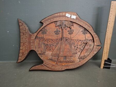 Hand Carved Wooden Wall Hanger - Palm Tree and Hut Scene in Fish&nbsp;